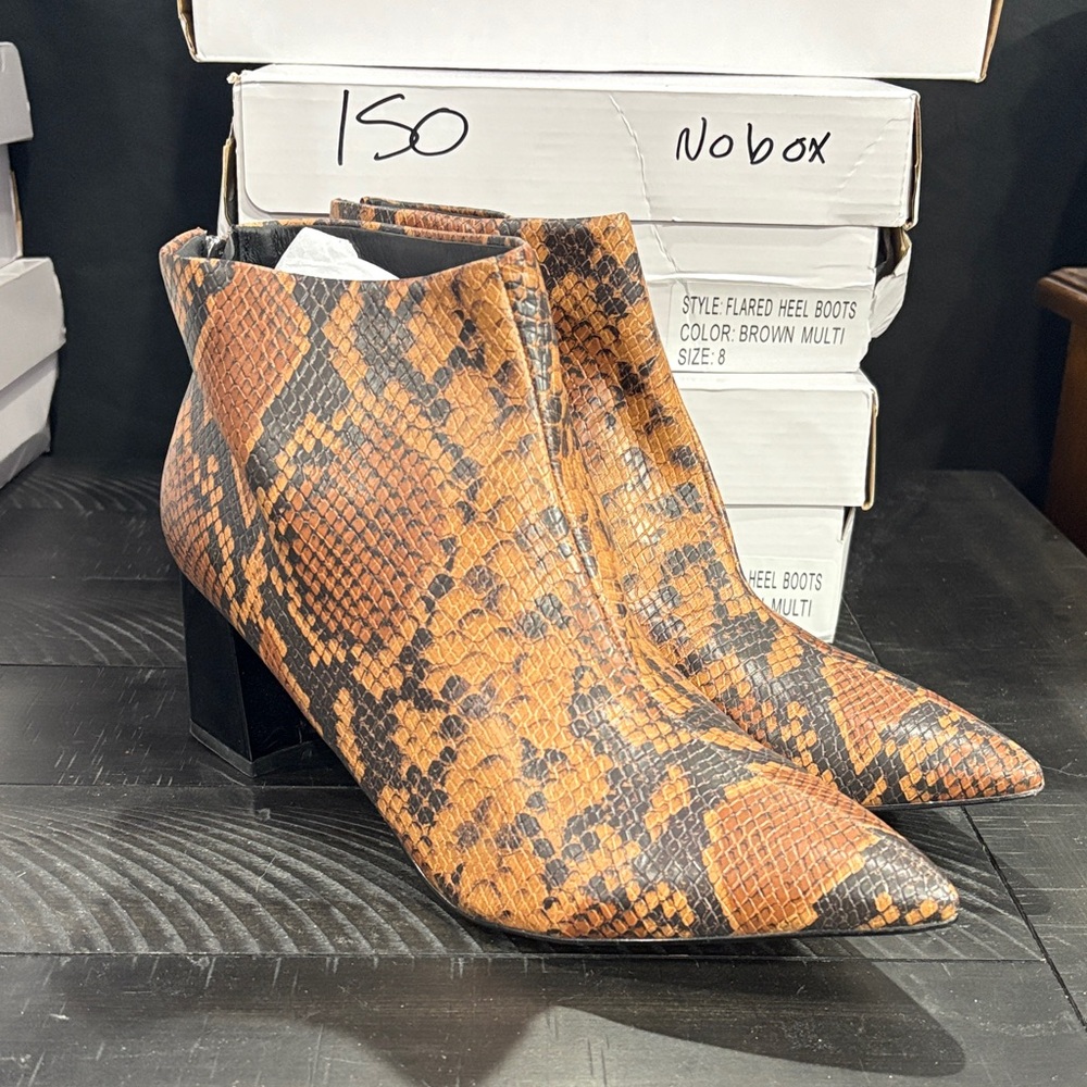 VHNY Tan and Black Snake Print Heeled Boots - New without box!